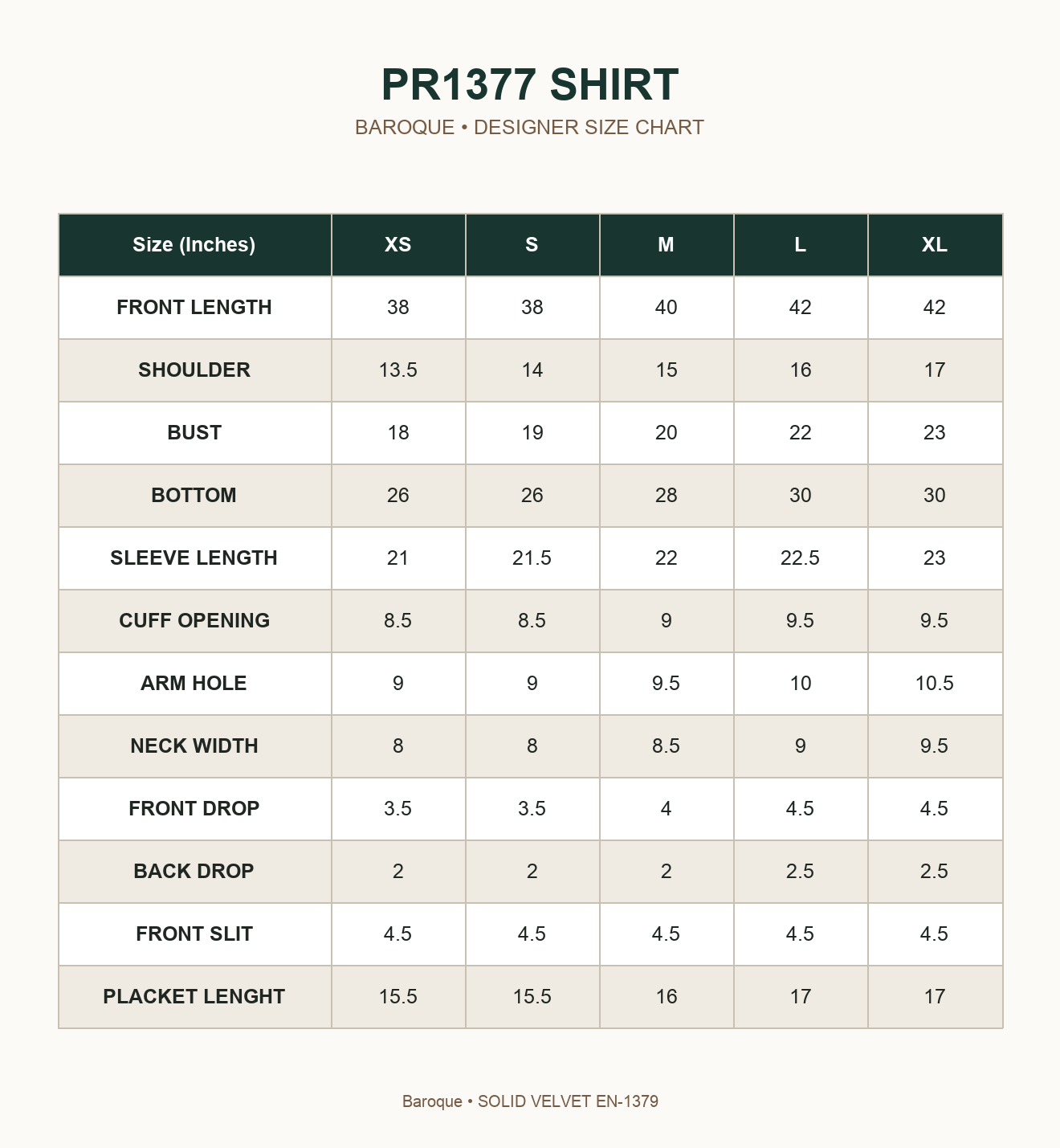 BAROQUE - SOLID VELVET EN-1379 — PR1377 SHIRT size chart