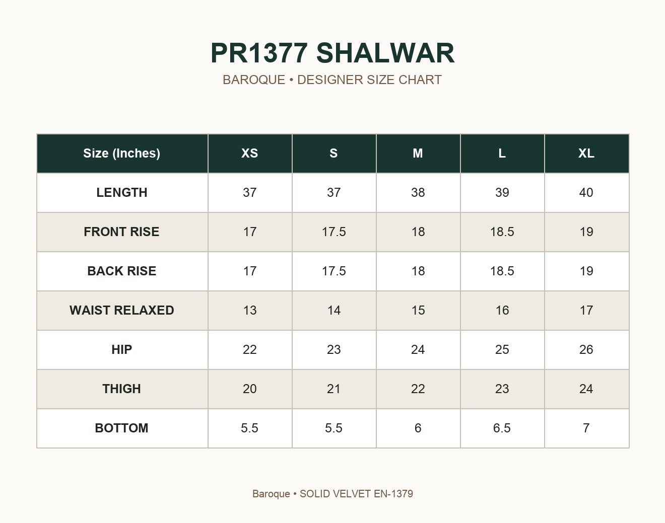BAROQUE - SOLID VELVET EN-1379 — PR1377 SHALWAR size chart