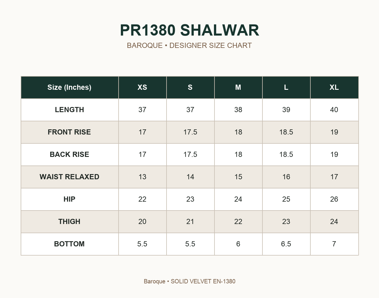 BAROQUE - SOLID VELVET EN-1380 — PR1380 SHALWAR size chart
