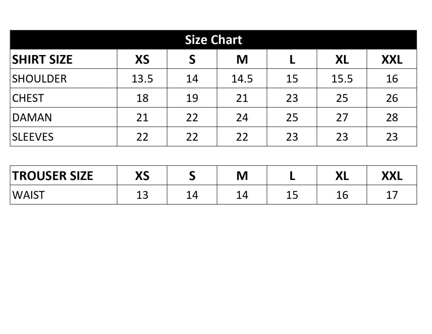 Ramsha designer size chart — XS to XXL