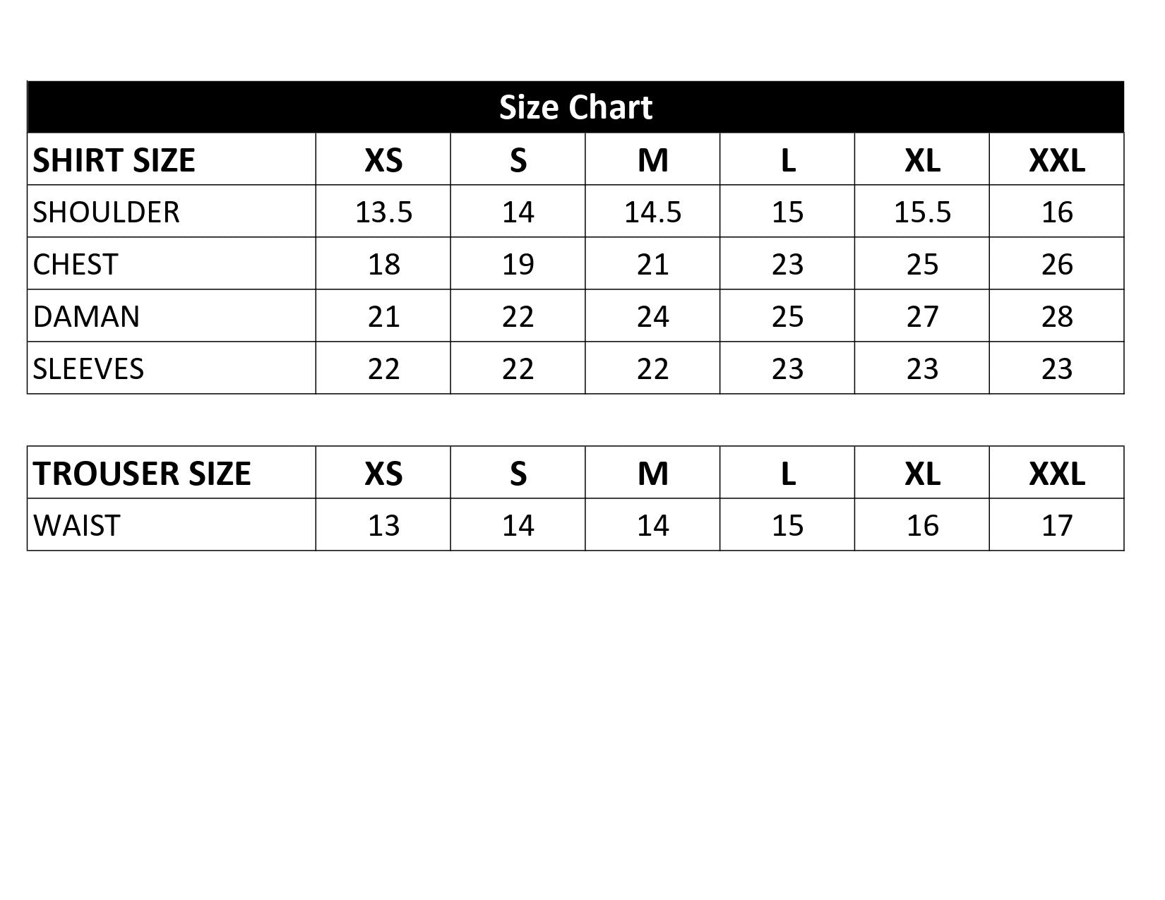 Ramsha designer size chart — XS to XXL