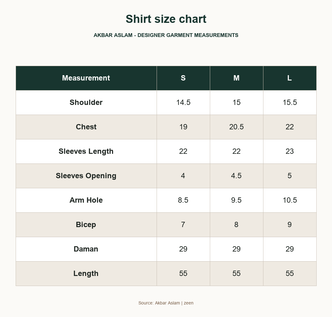 Akbar Aslam zeen Shirt size chart - designer size chart