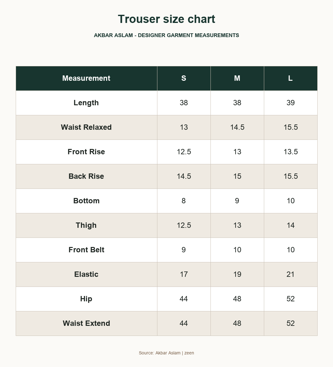 Akbar Aslam zeen Trouser size chart - designer size chart