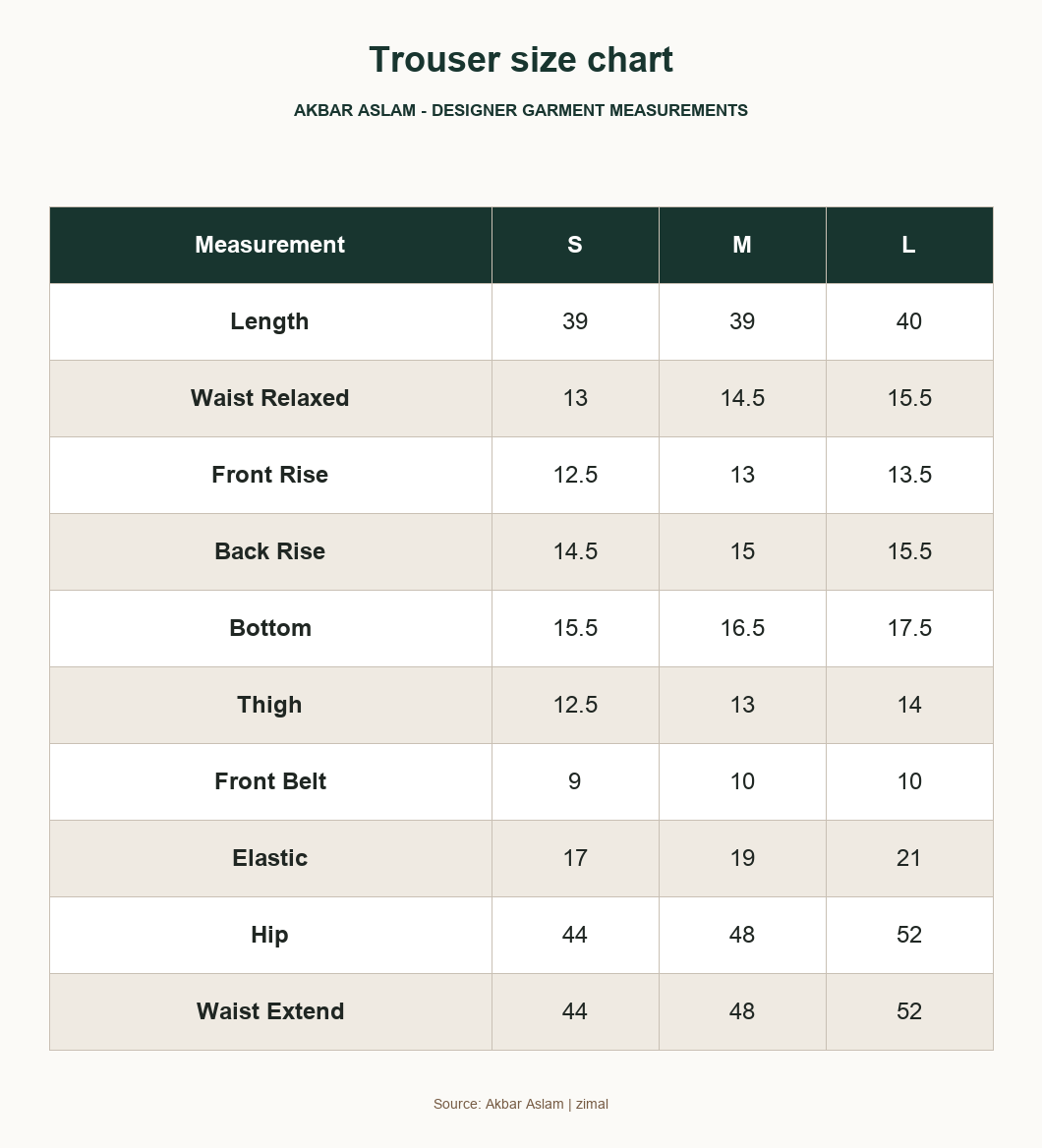 Akbar Aslam zimal Trouser size chart - designer size chart