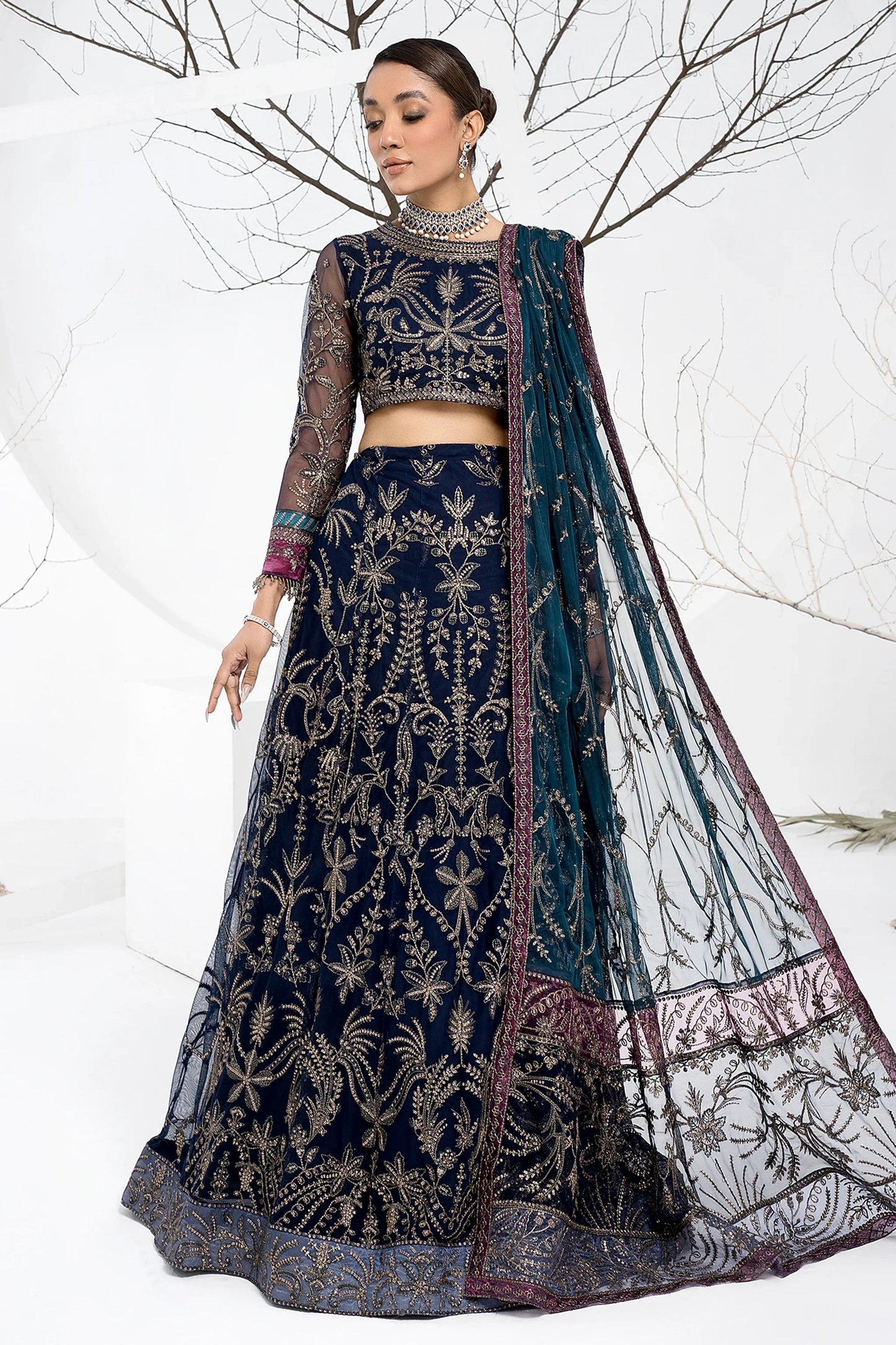 Zarif Blueberry Navy Net Lehenga Choli — outfit view 1