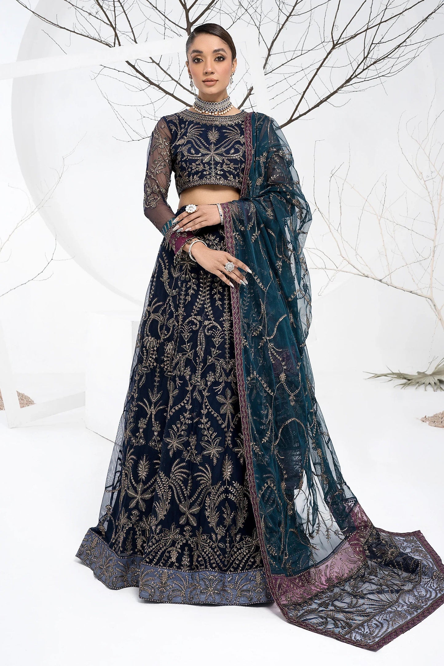 Zarif Blueberry Navy Net Lehenga Choli — outfit view 2
