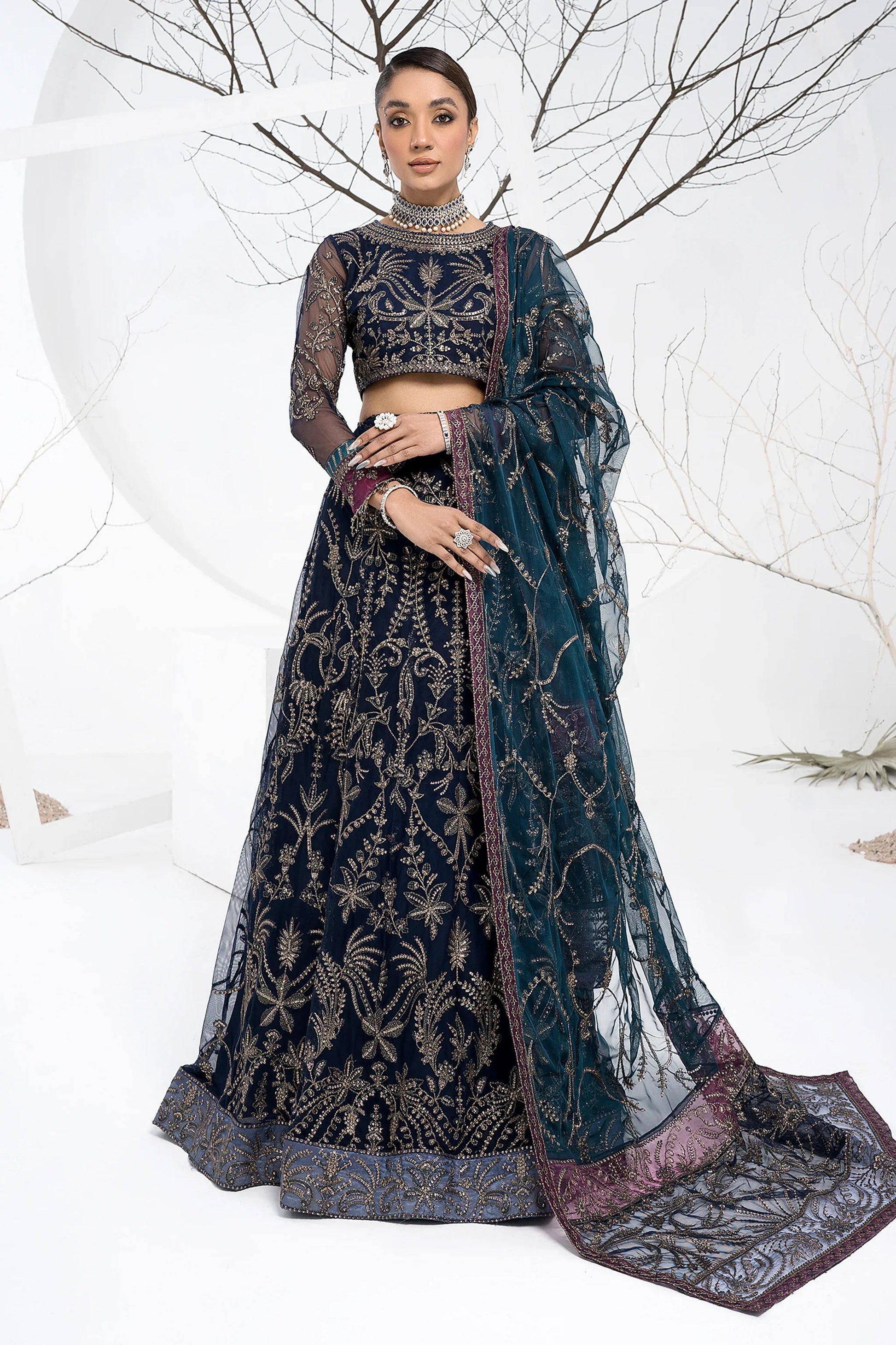 Zarif Blueberry Navy Net Lehenga Choli — outfit view 2