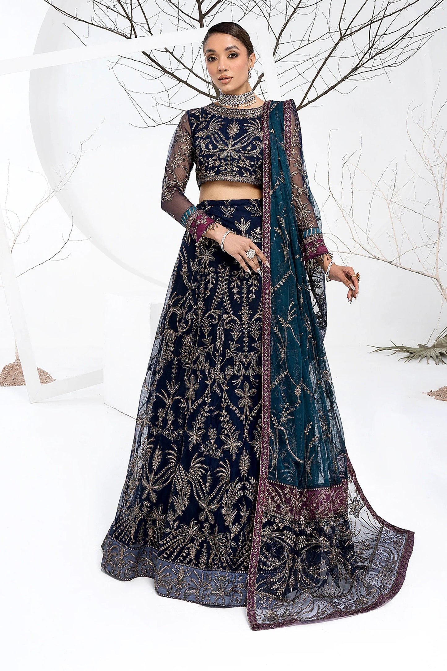 Zarif Blueberry Navy Net Lehenga Choli — outfit view 3