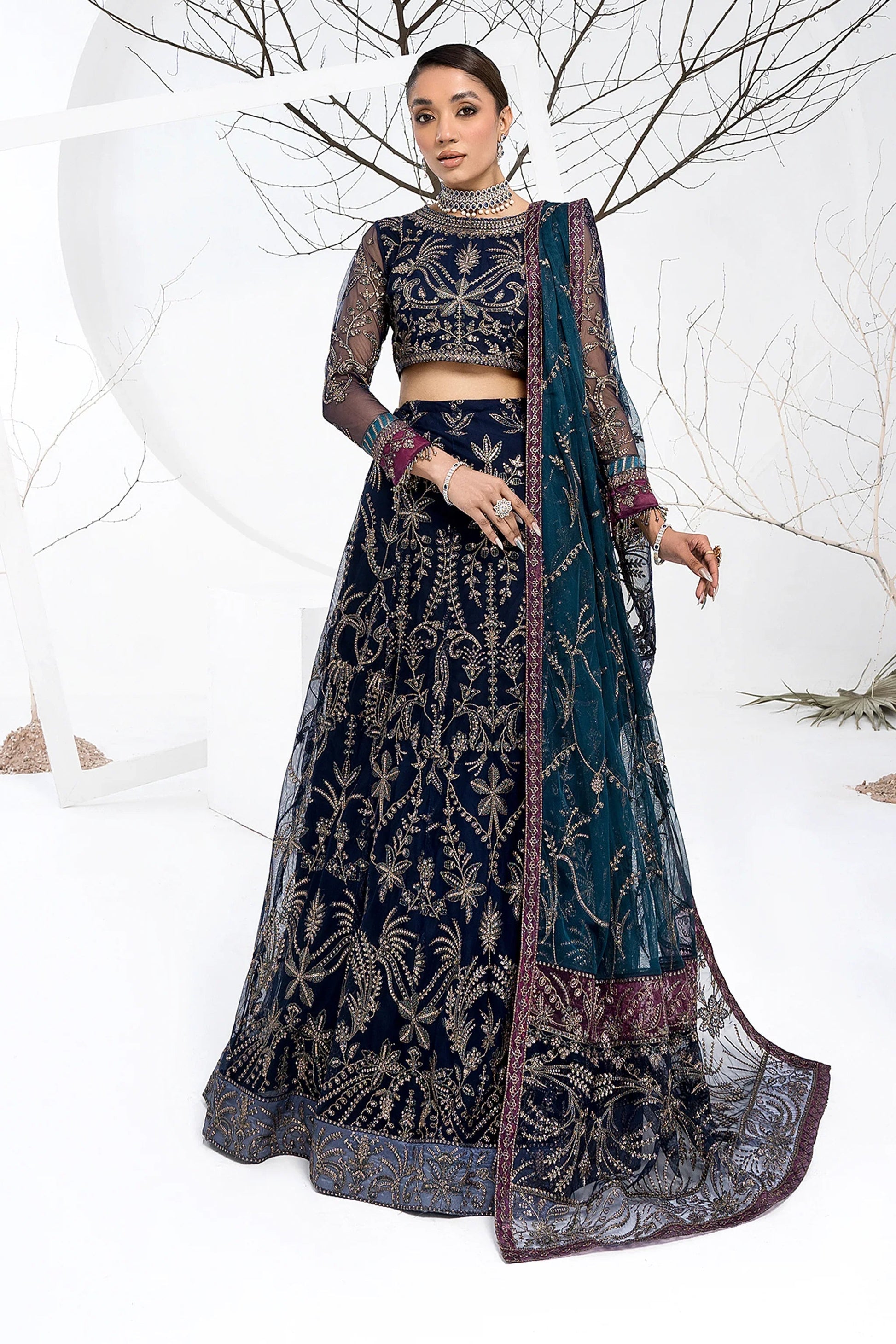Zarif Blueberry Navy Net Lehenga Choli — outfit view 3