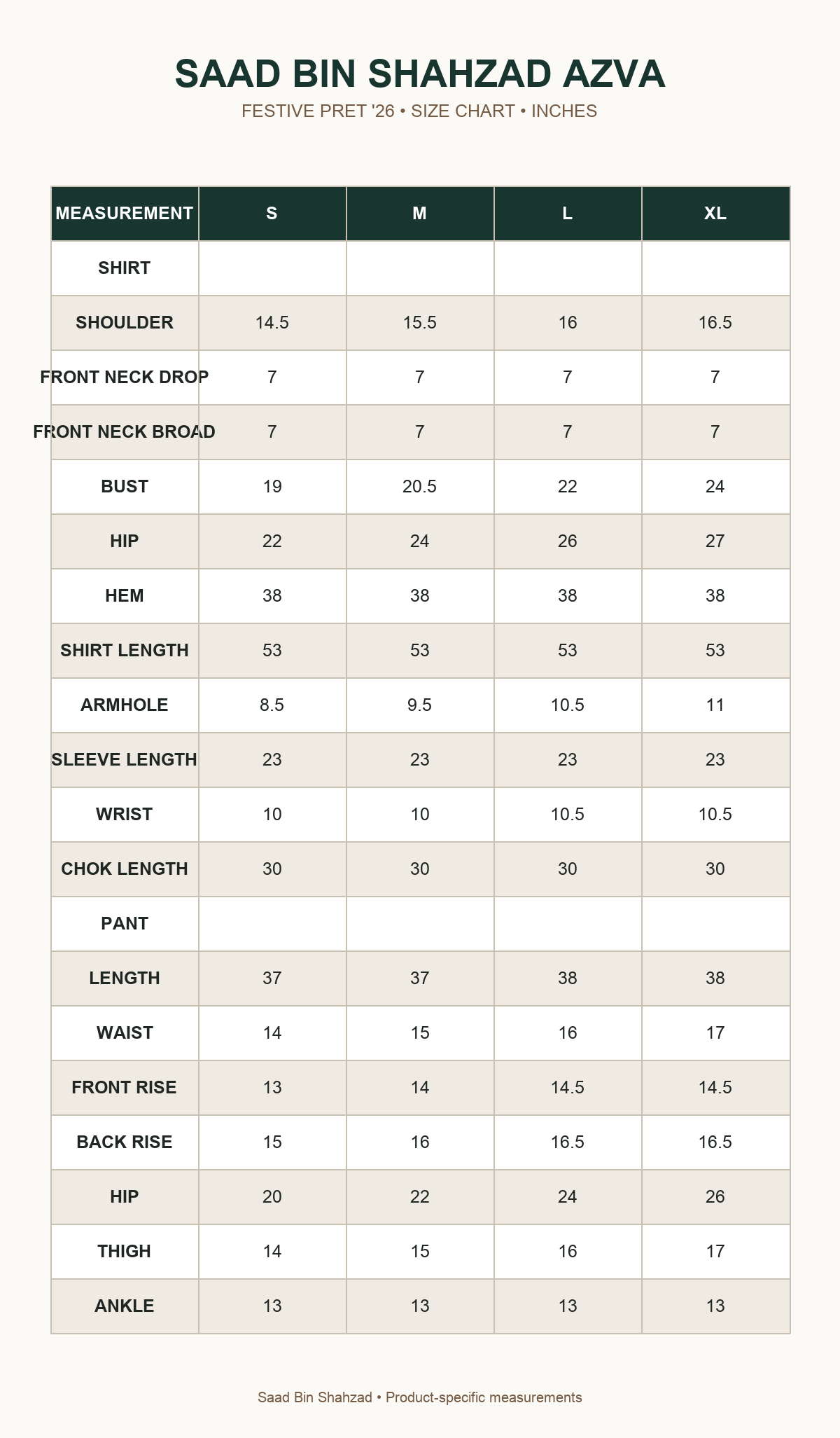 Saad Bin Shahzad Azva size chart