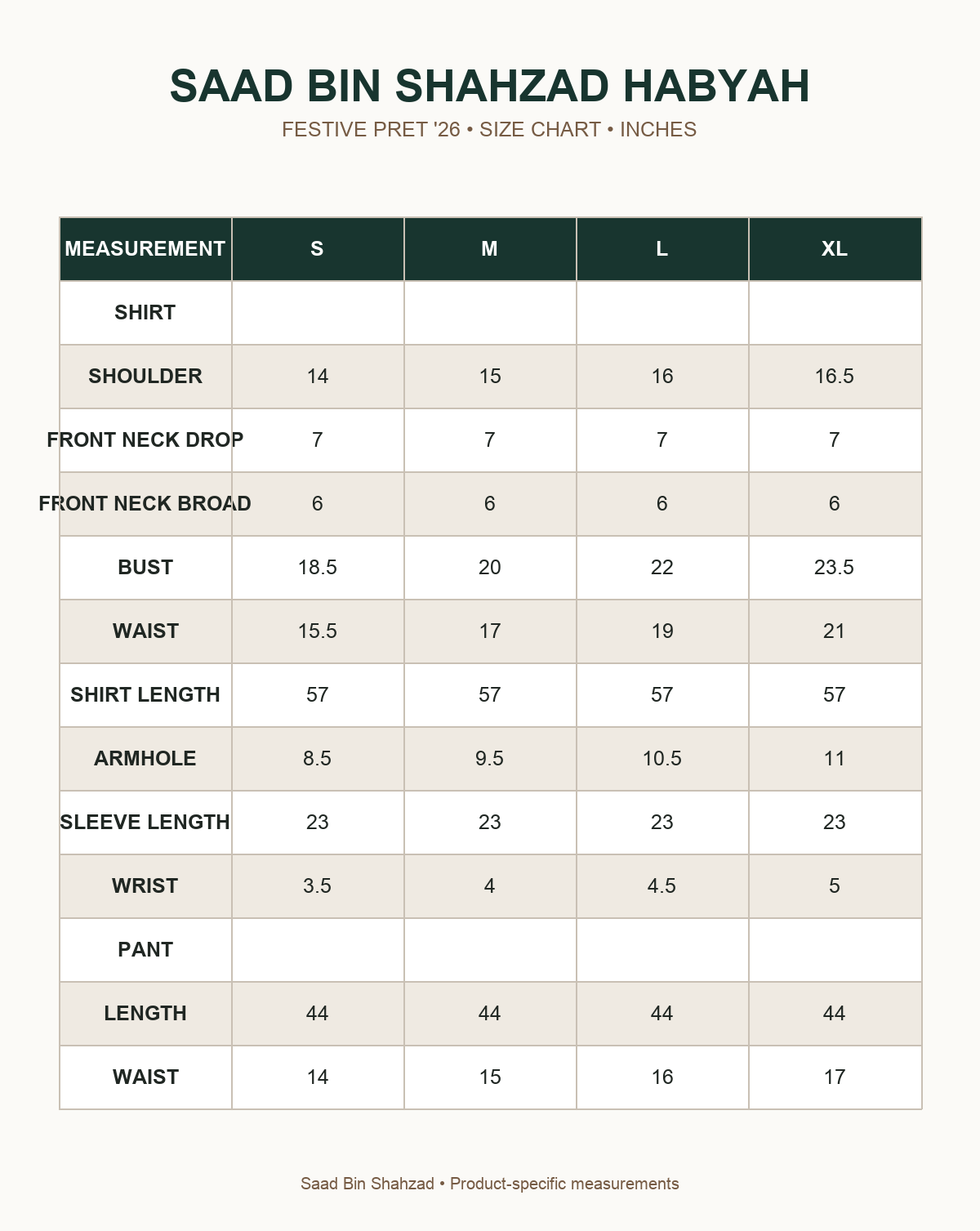 Saad Bin Shahzad Habyah size chart