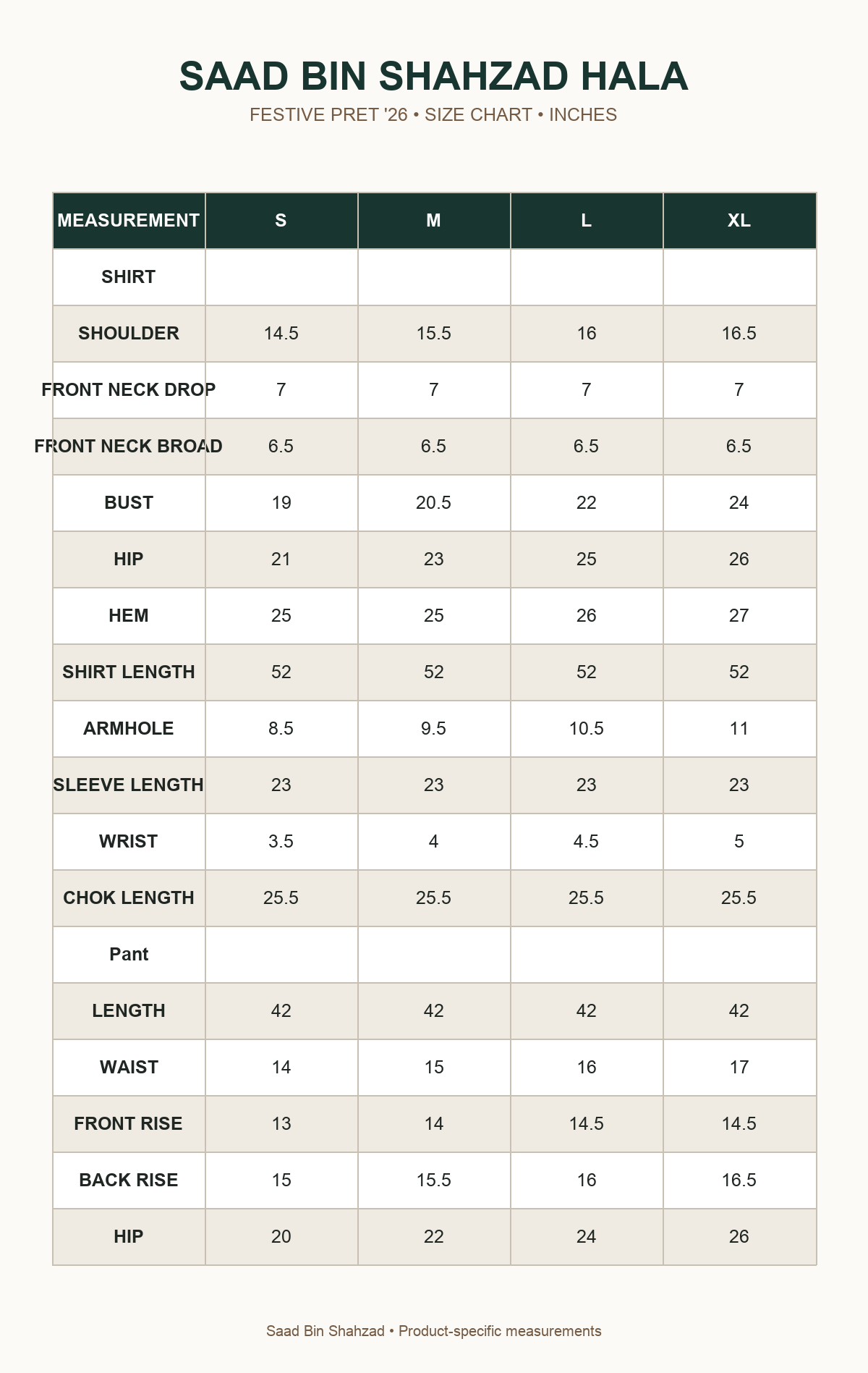 Saad Bin Shahzad Hala size chart