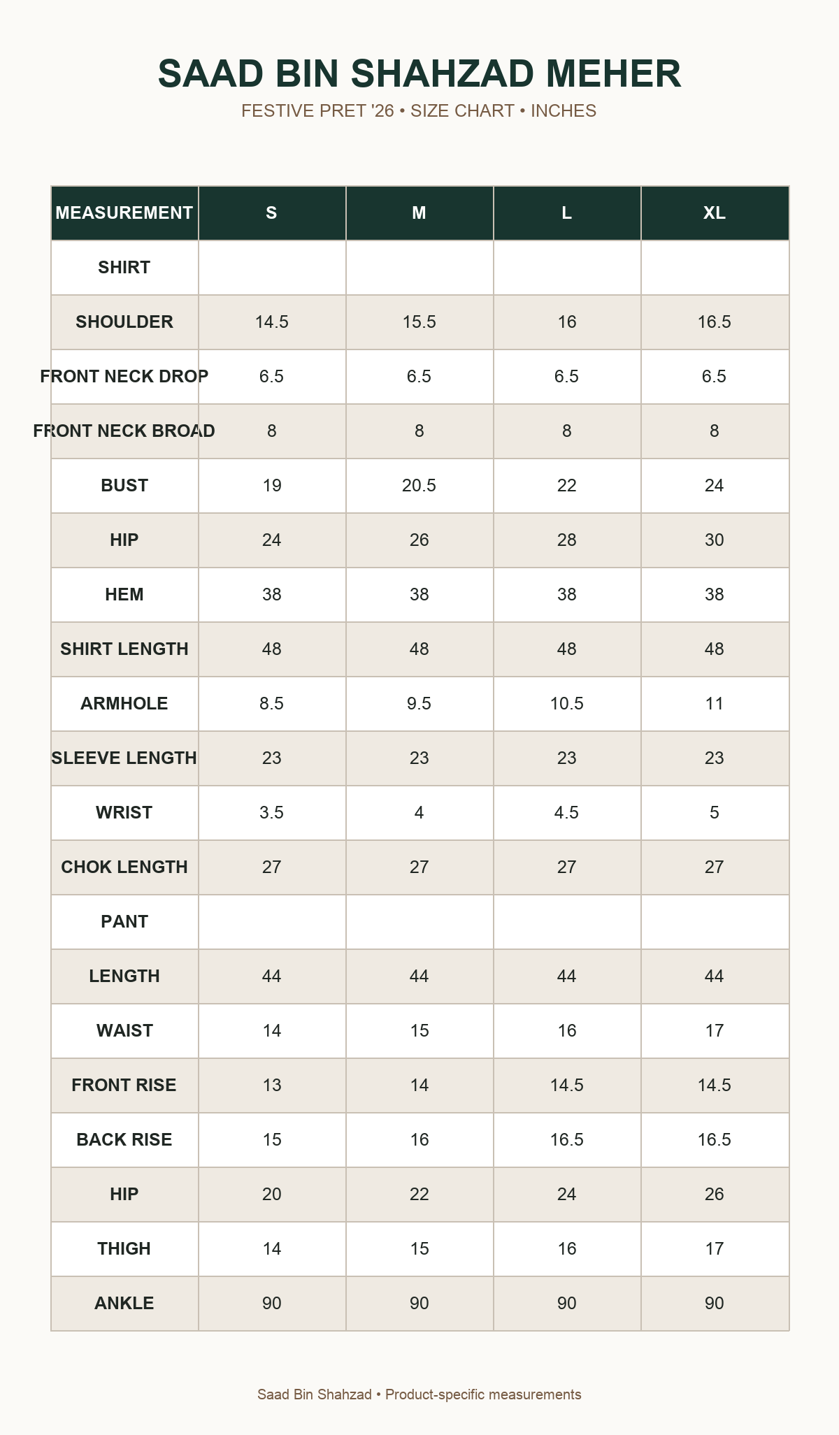 Saad Bin Shahzad Meher size chart