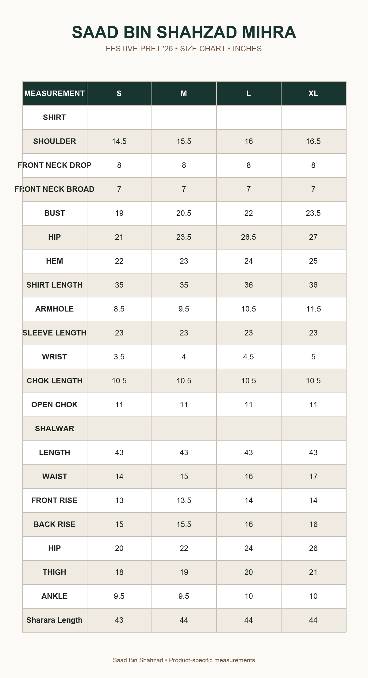 Saad Bin Shahzad Mihra size chart