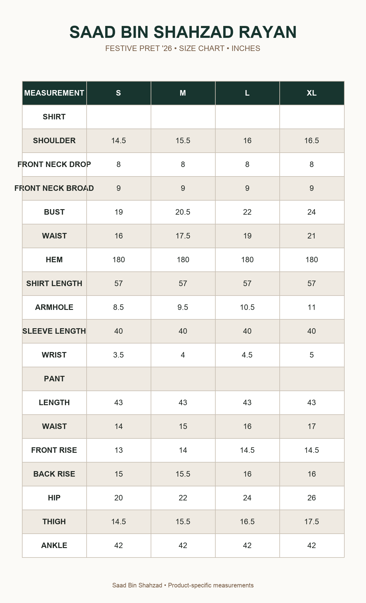 Saad Bin Shahzad Rayan size chart