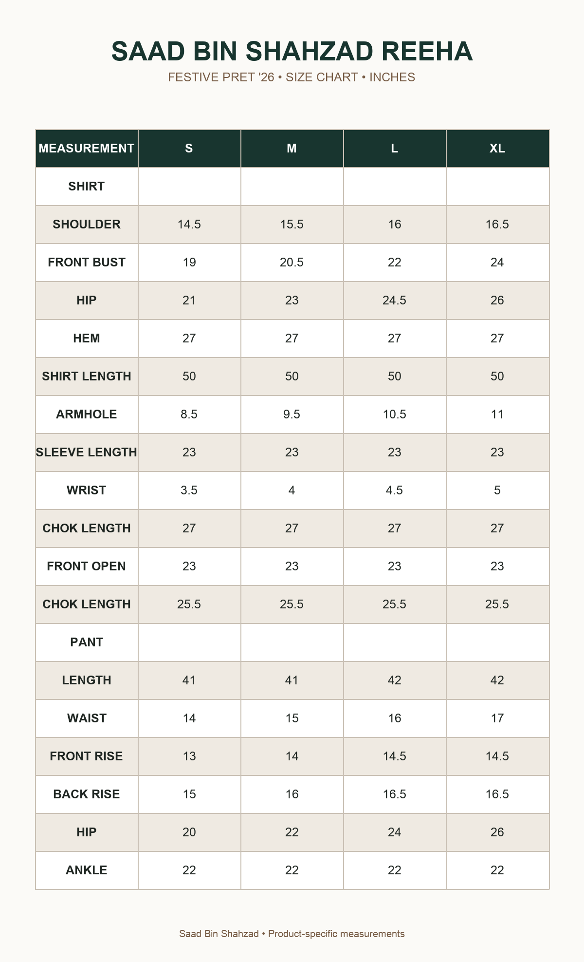 Saad Bin Shahzad Reeha size chart