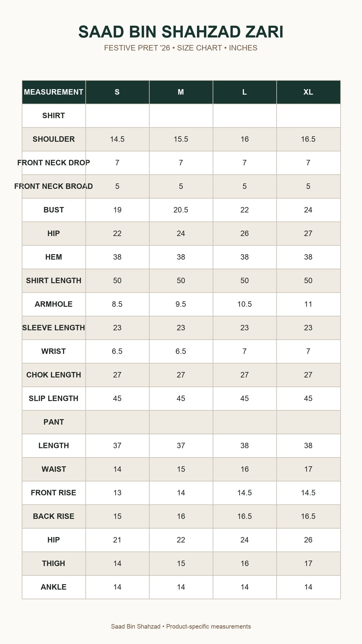 Saad Bin Shahzad Zari size chart