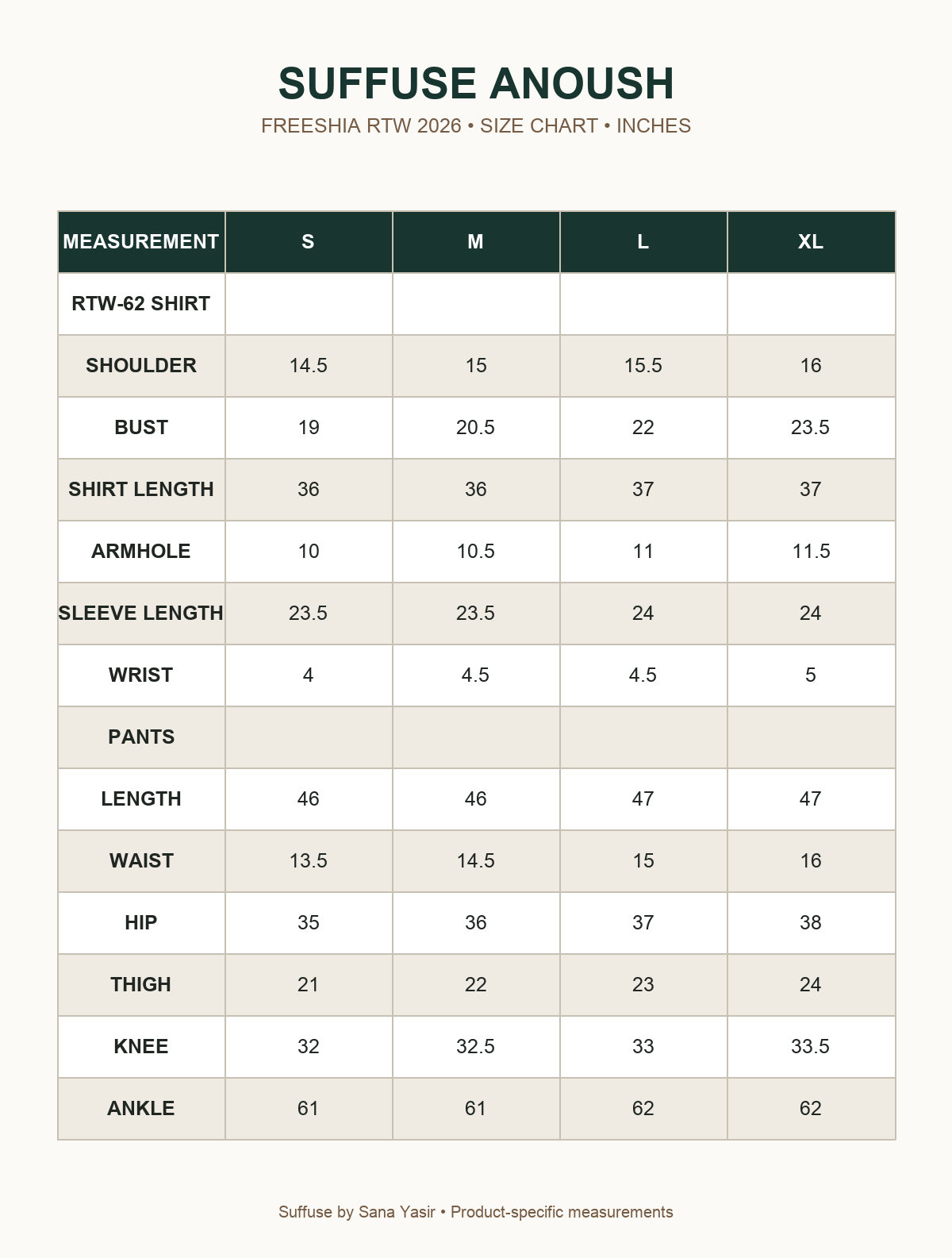 Suffuse Anoush size chart