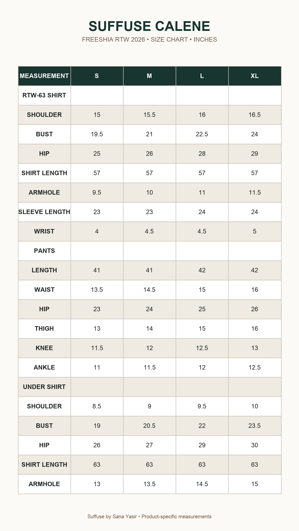 Suffuse Calene size chart