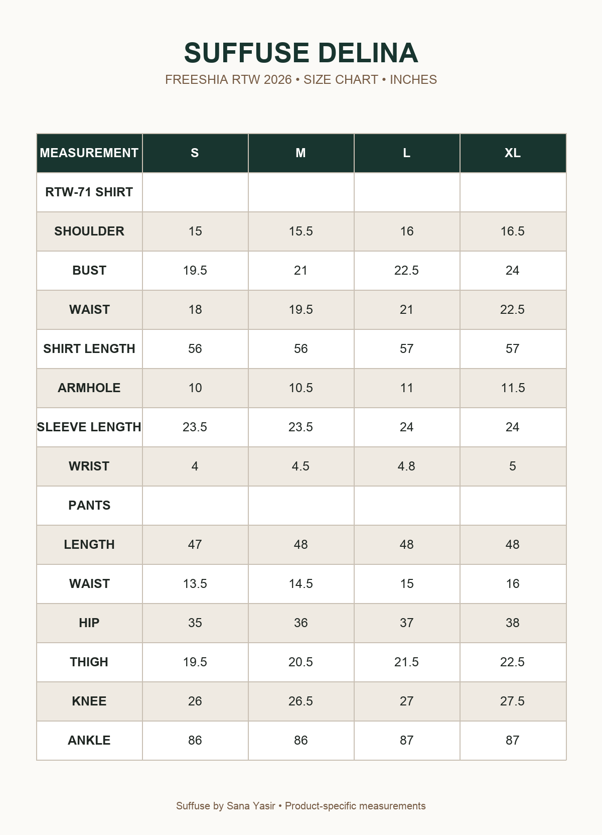 Suffuse Delina size chart