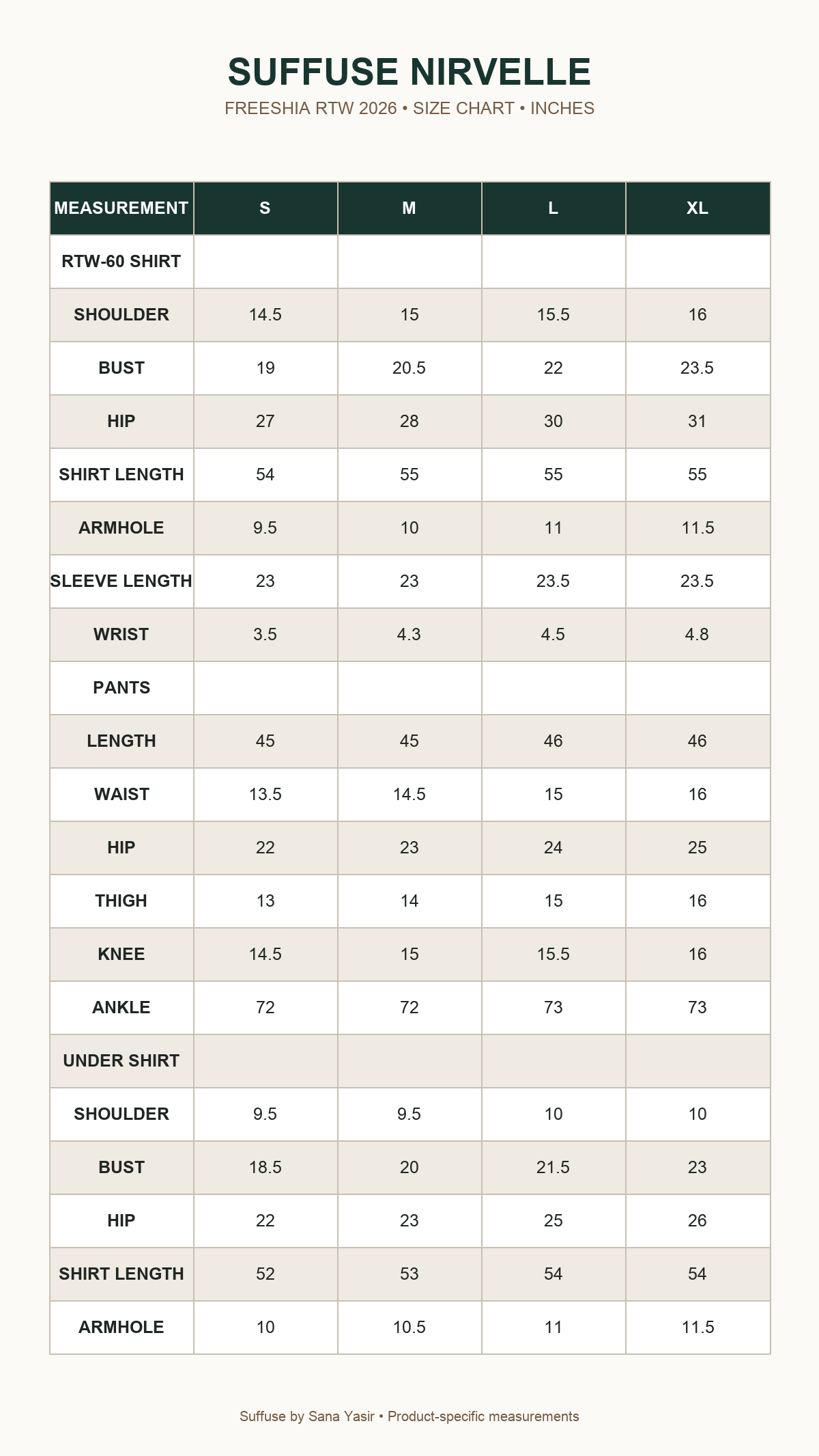 Suffuse Nirvelle size chart