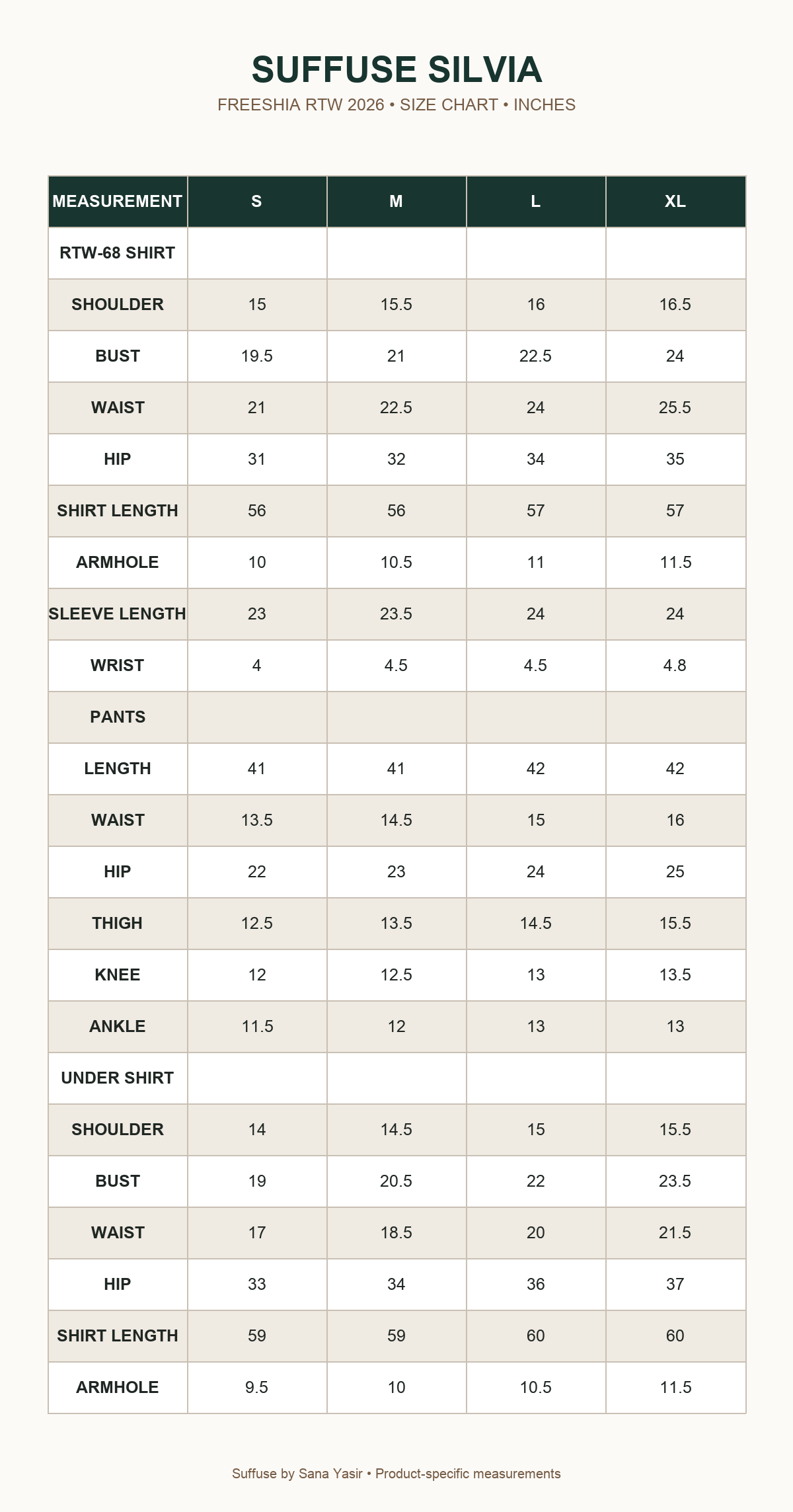 Suffuse Silvia size chart