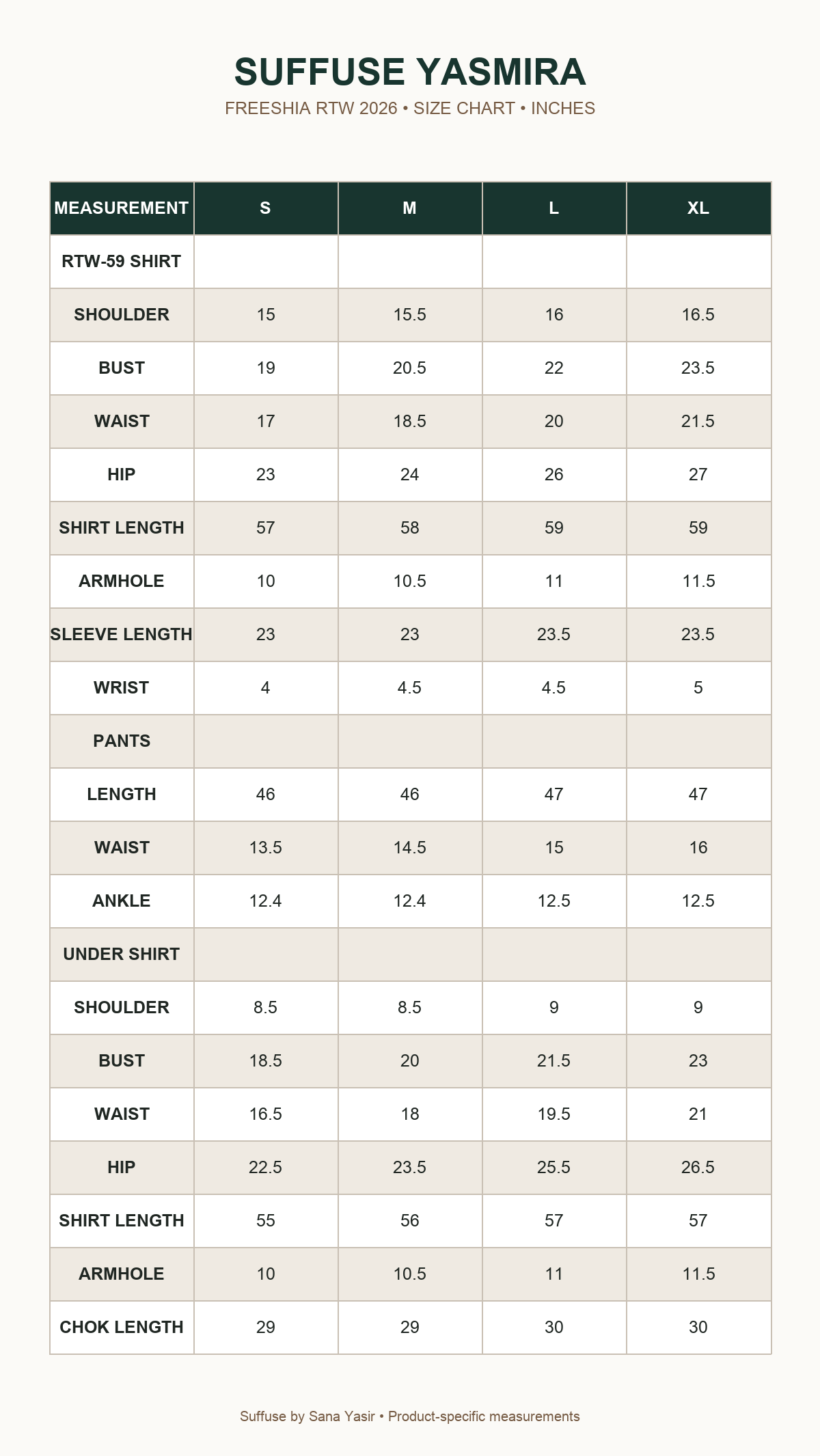 Suffuse Yasmira size chart