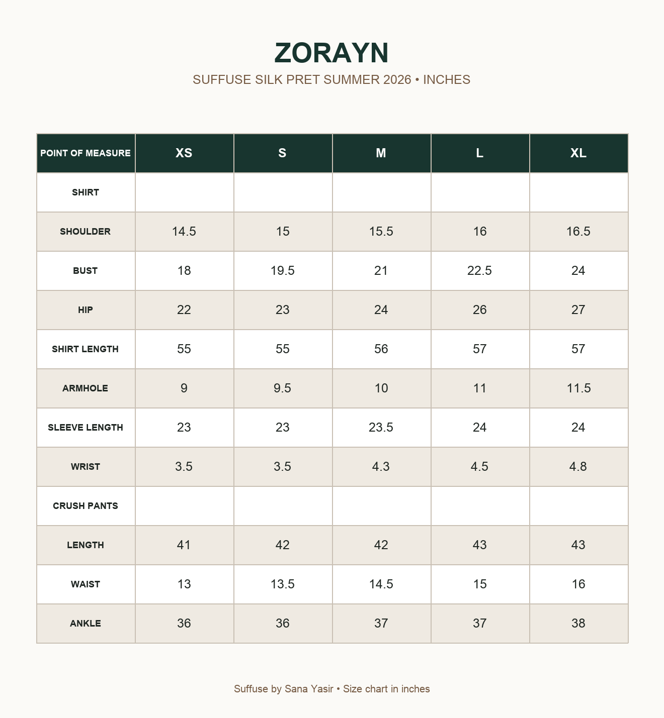 Suffuse Zorayn size chart in inches