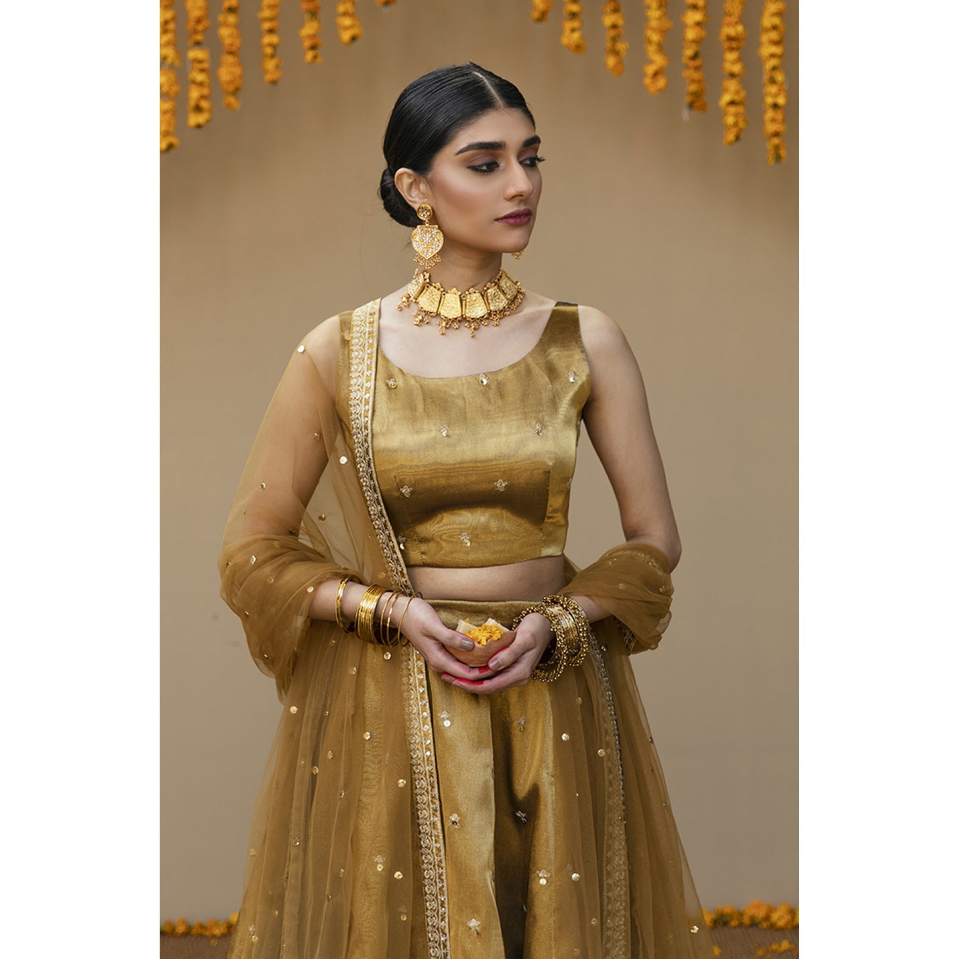 Golden Net Thread Embroidery And Stone Work Lehenga SetDefault Title | Net  lehenga, Wedding wear, Lehenga choli